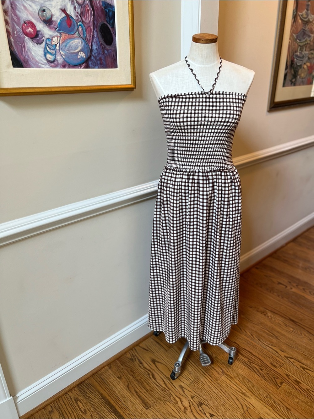Strapless Black & White Gingham Midi Dress
